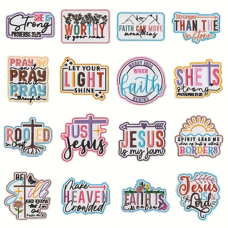 Embroidered Patch Set, 16 Large Christian Faith Phrase Designs with Iron-On or Sew-On Application