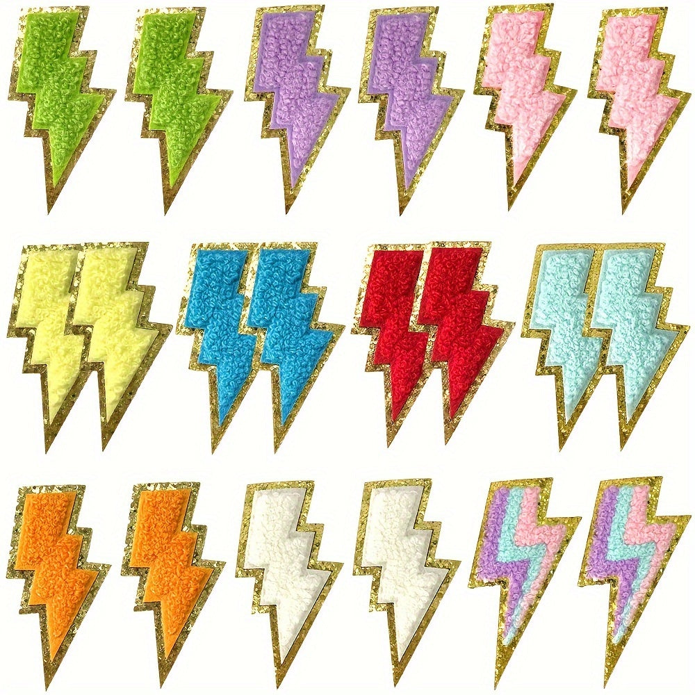 Embroidered Patch Set, 20 Colorful Lightning Bolt Motifs with Knit Embroidery and Iron-On Backing