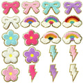 Embroidered Patch Set, 20 Glitter Plush Bows, Rainbows and Flowers with Self-Adhesive Backing