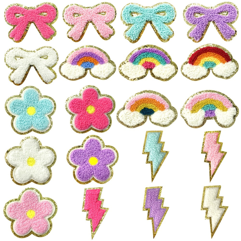 Embroidered Patch Set, 20 Glitter Plush Bows, Rainbows and Flowers with Self-Adhesive Backing