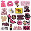 Embroidered Patch Set, 20 Hot Pink Women-Power Phrase and Fashion Motifs with Iron-On or Sew-On Application