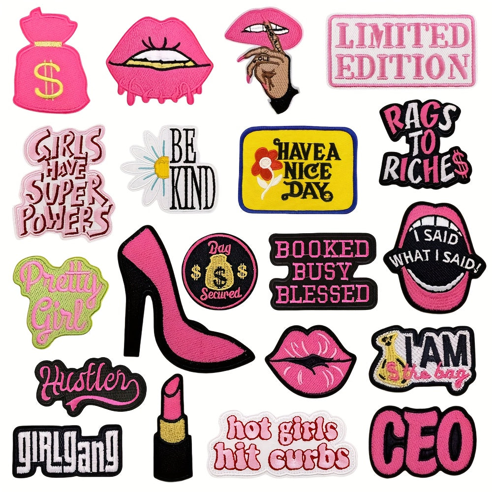 Embroidered Patch Set, 20 Hot Pink Women-Power Phrase and Fashion Motifs with Iron-On or Sew-On Application