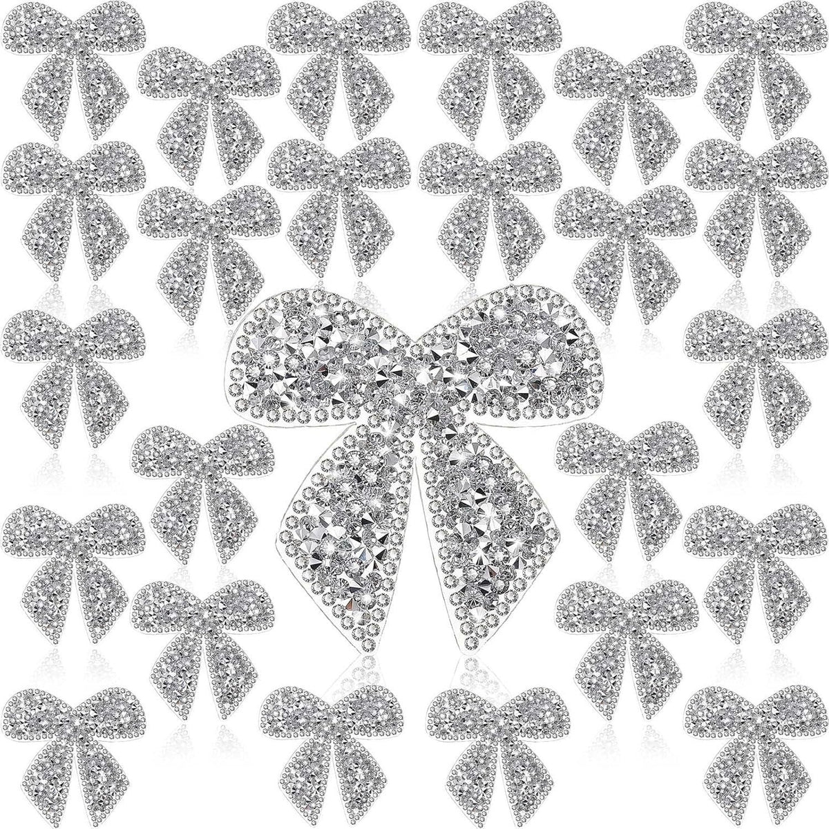 Embroidered Patch Set, 24 Shimmering Bow Designs with Rhinestone Crystal Details and Iron-On Backing