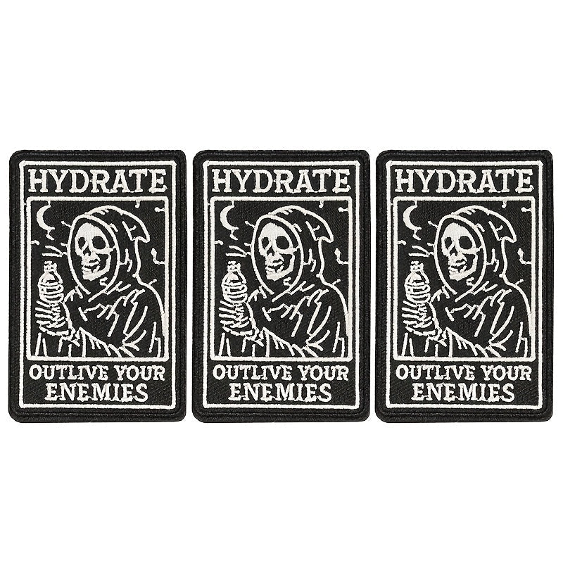 Embroidered Patch Set, Three Gothic Hydration Card Motifs with Black-and-White Iron-On or Sew-On Finish