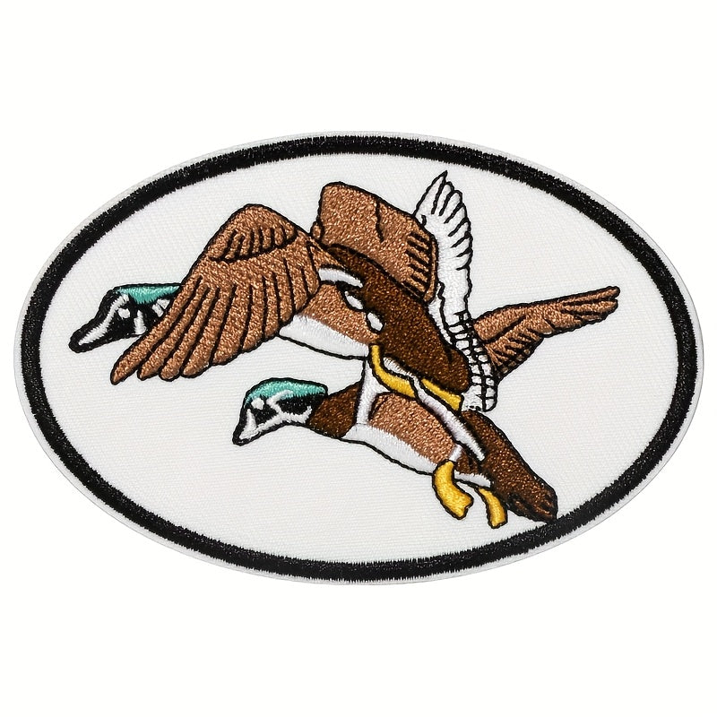 Embroidered Patch Set, Three Retro Duck Hunting Motifs in Light Blue, Yellow and Green Polyester