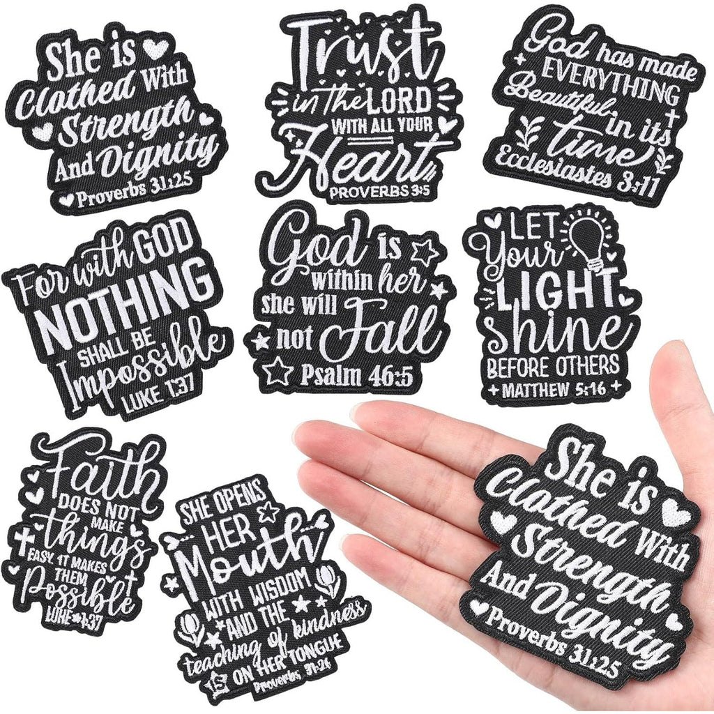 Embroidered Patch Set, Eight Christian Faith Phrase Designs Around 3 Inches with Iron-On or Sew-On Application