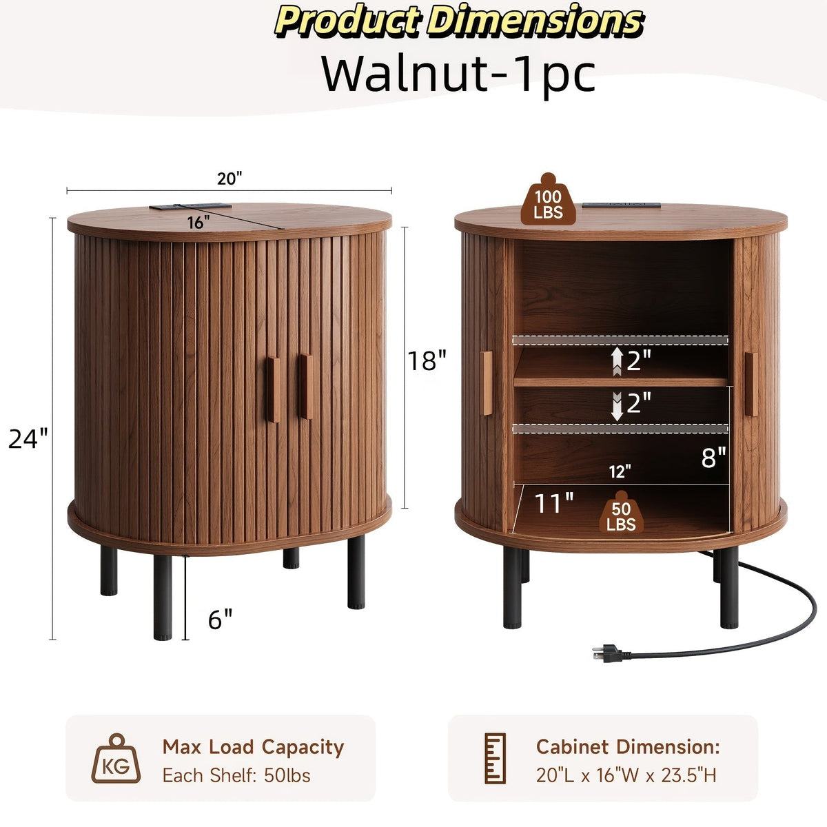Oval End Table with Sliding-Door Cabinet, Interior Shelf, Charging Station and One- or Two-Piece Options