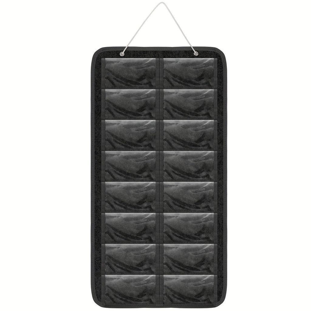 16-Pocket Hanging Eyewear Organizer with Felt Backing, Clear Front Pockets and Black or Grey Finish