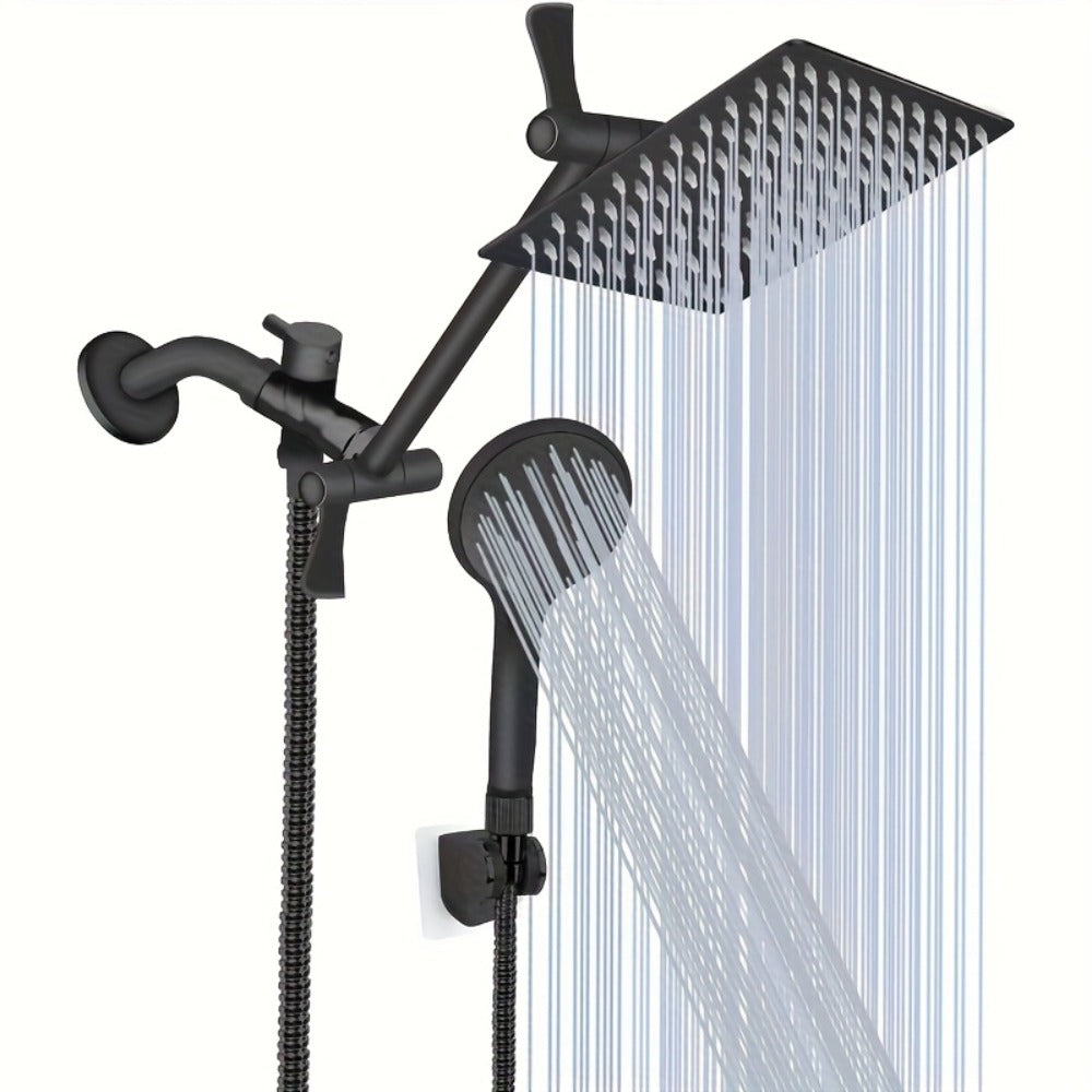 Rainfall Handheld Shower Combo 9-Setting, High Pressure 11" Extension Arm Leak-Proof Wall Mount 8 10 12 Inch Chrome Black
