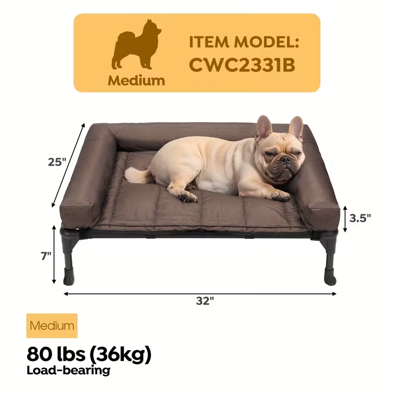Elevated Dog Bed with Teslin Mesh Cot, Powder-Coated Steel Frame and Removable Bolster Top in Four Sizes