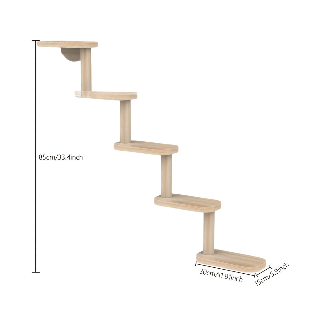 Five-Step Wall-Mounted Cat Tree with 85cm Vertical Wood Frame and Staggered Rectangular Platforms
