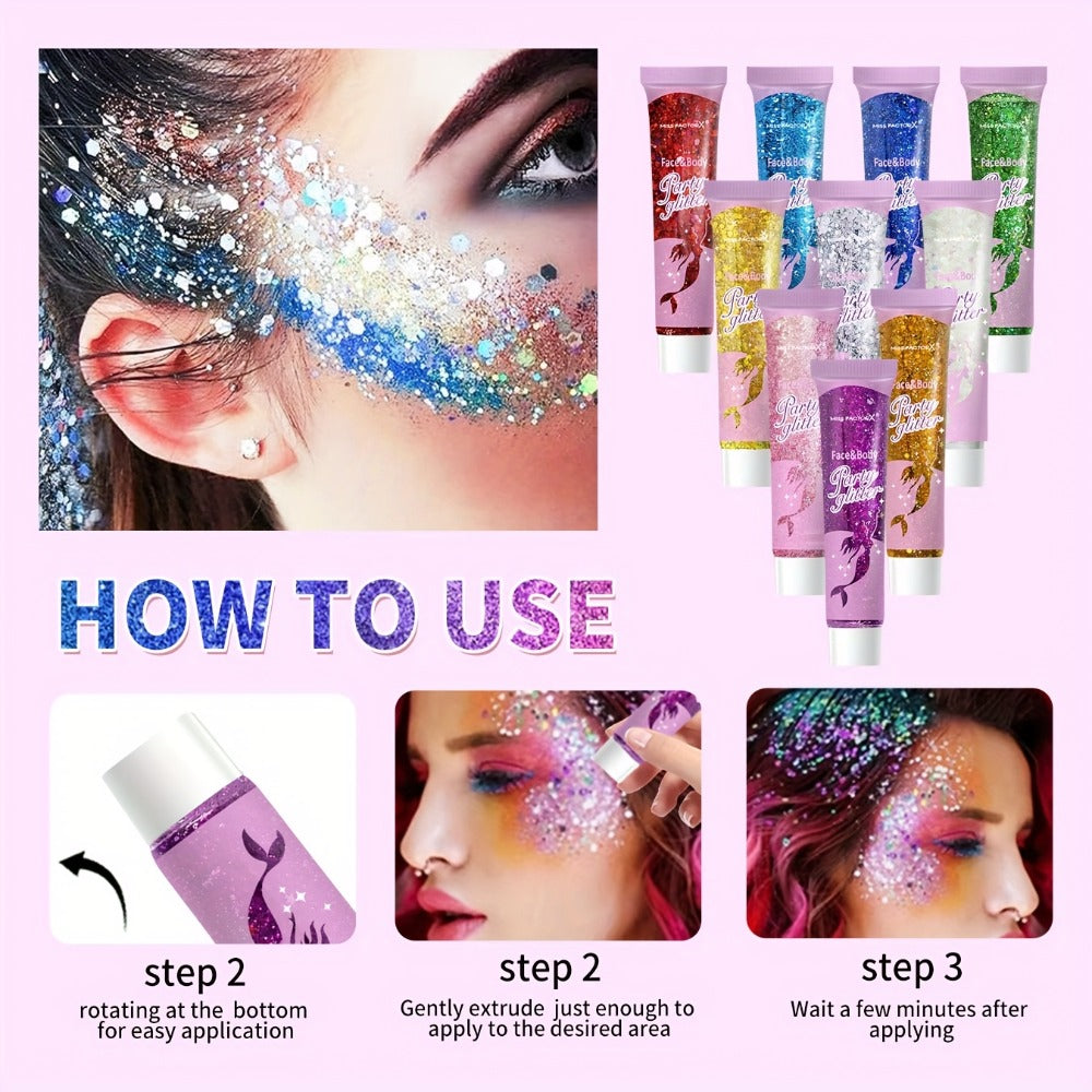 Holographic Glitter Gel Set 10 Colors Cosmetic Grade Face Body Makeup – Festival Rave Cosplay Anime