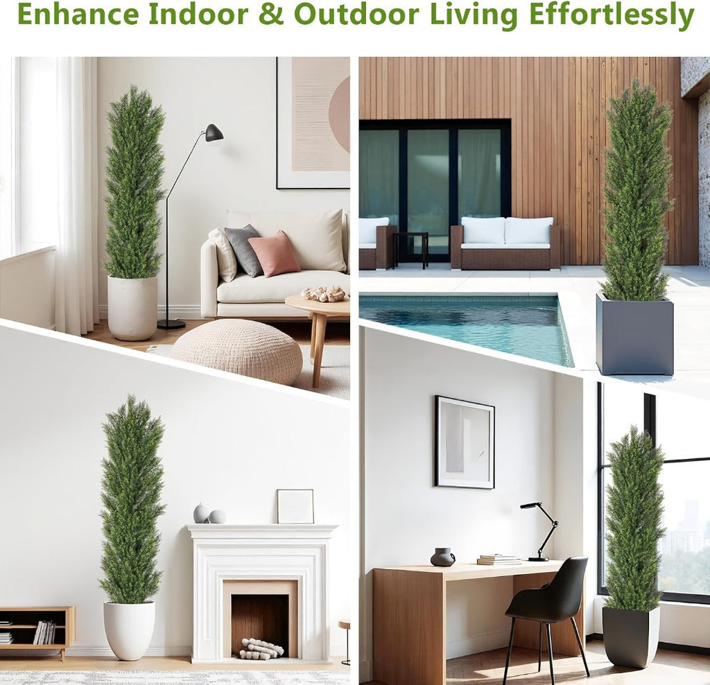 Two-Pack Artificial Cedar Topiary Trees with 4, 5 or 6 ft Height Options and Optional 16-Inch Black Planters