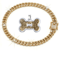 Pet ID Tag & Cuban Link Collar Set – 2pcs Engravable Bone-Shaped Tag with Rhinestone Collar for Dogs & Cats S to 4XL