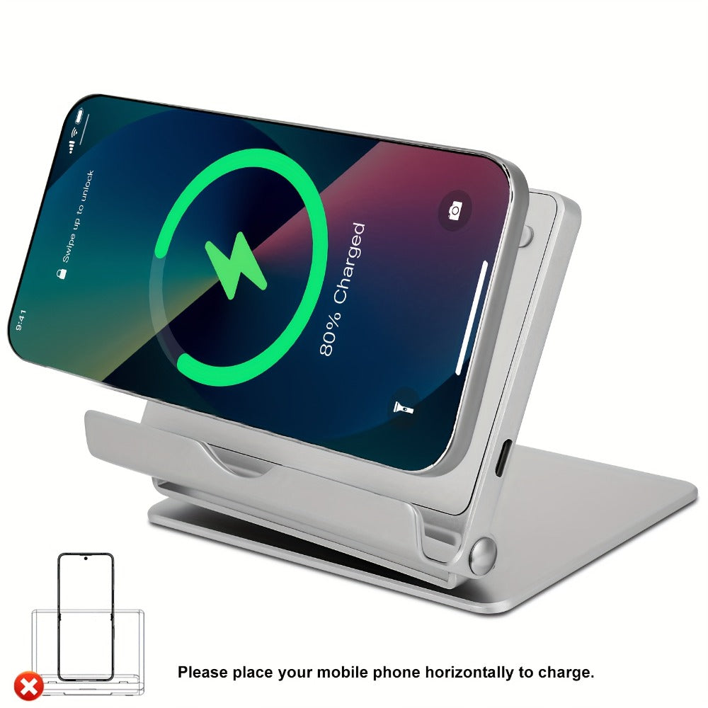 Silvery 360-Degree Rotating Wireless Charging Stand with Micro-USB and USB-C Input Port Design
