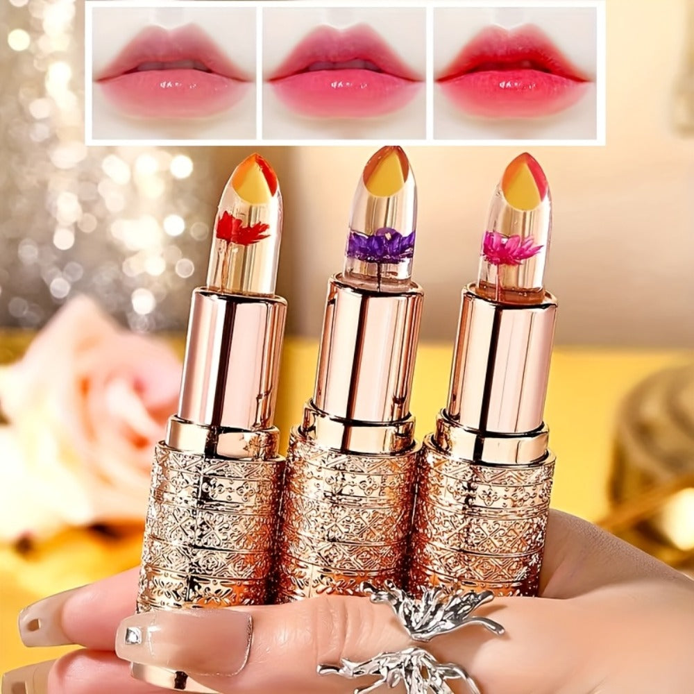 Color Changing Lip Gloss Set 3 Pcs, Temperature Magic Pink Tint Crystal Jelly Balm & Lipstick, Plant Squalane Lip Makeup