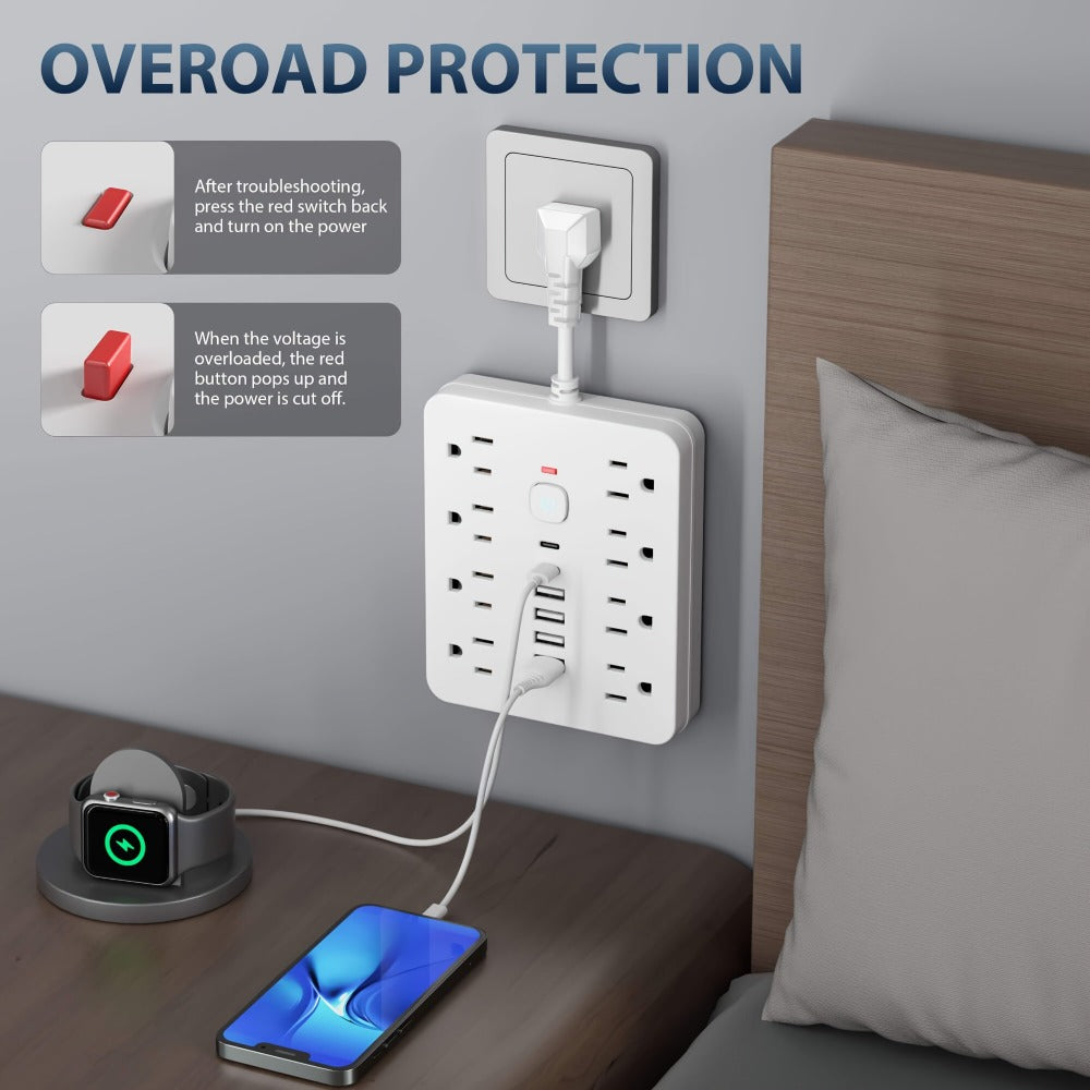 Power Strip with USB Ports, 14-in-1 with Individual Outlet Switches, 8 AC Outlets, 4 USB-A and 2 USB-C Ports