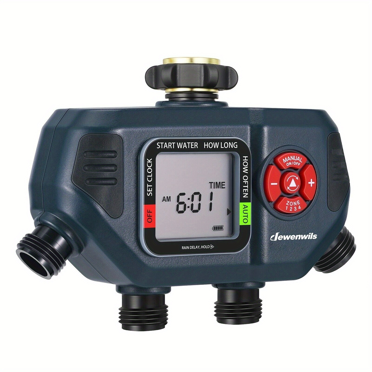 Four-Zone Digital Sprinkler Timer with Independent Water Outlets, LCD Screen, Manual Control and Rain-Delay Mode