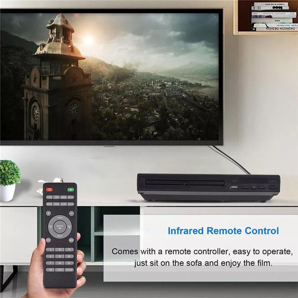 Compact Black DVD Player with RCA Output, USB Port, Remote Control and Approx. 8.78 x 7.09-Inch Body