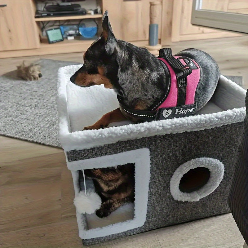 Cat House Foldable Multi-Layer 2-Tier Bed Toy Tunnel Scratching Post Plush Hanging Ball Canvas Nylon Frame All-Season Indoor Cat Cube