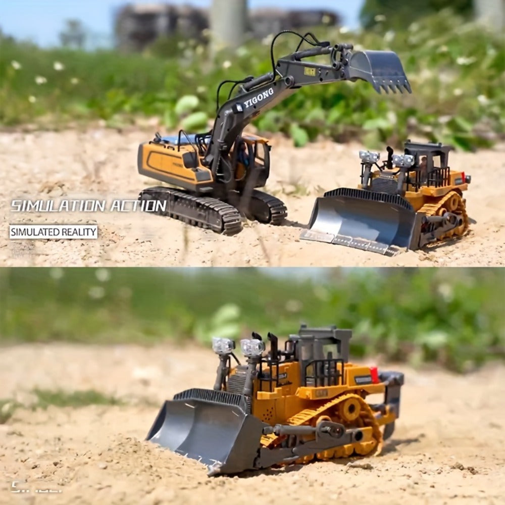 RC Construction Vehicle Toy 2.4GHz Remote Control Excavator Bulldozer Loader with Alloy Metal Cover Lights & Sound Effects