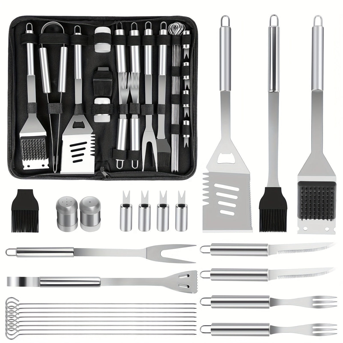 BBQ Grill Tool Kit with 24-Piece Cased Set or 15-Piece Utensil Set for Camping and Backyard Cooking