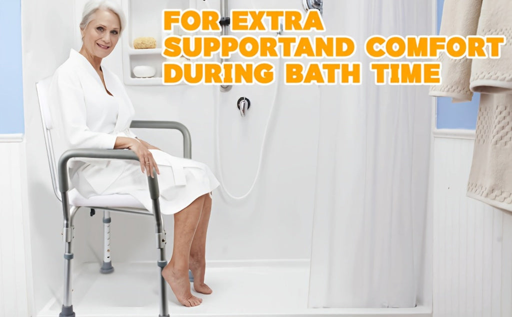 Shower Chair with Armrests & Backrest, Height Adjustable Aluminum Bath Seat, Rubber Feet, Cushioned Support for Elderly