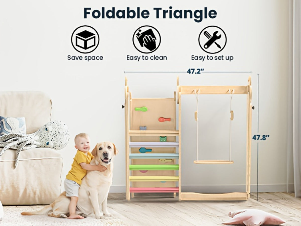 Foldable Indoor Wooden Jungle Gym for Toddlers, 4-in-1 Climbing Frame with Swing, Slide & Ladder