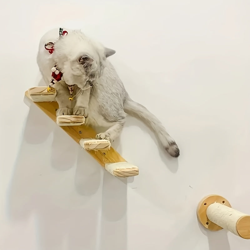 Four-Step Wall-Mounted Cat Ladder with 45.5cm Wood Frame, Rope-Covered Treads and Fastener Points