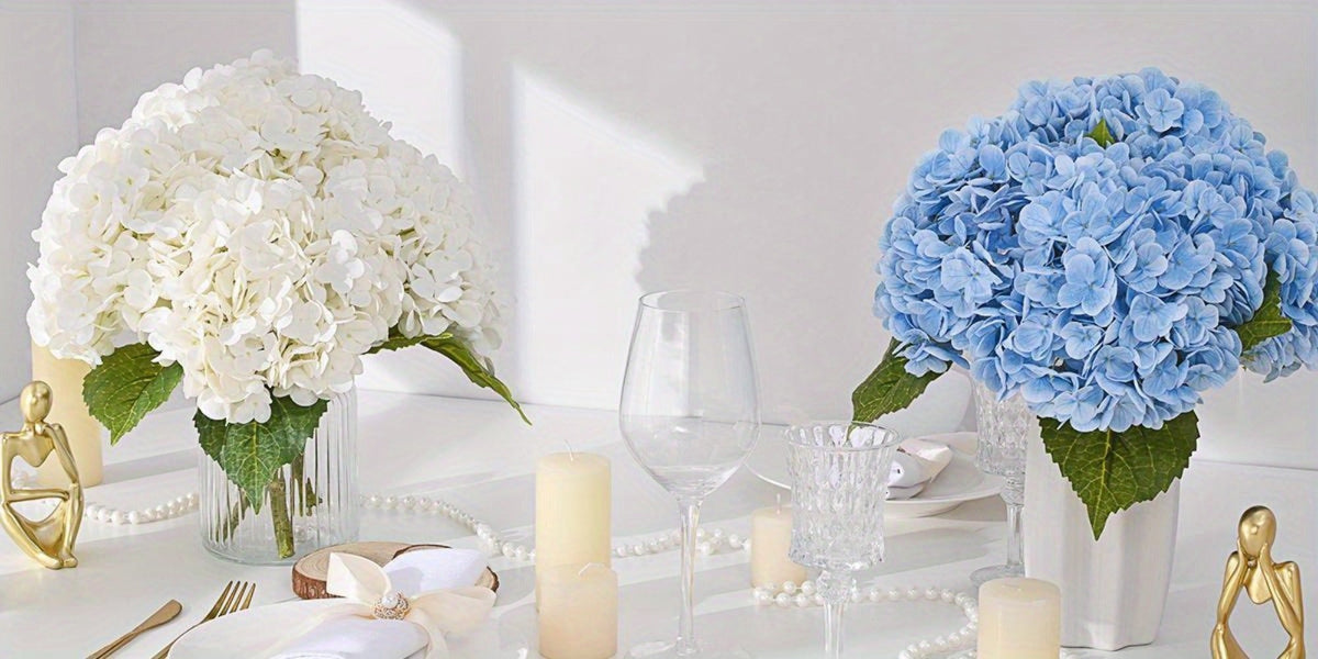 Artificial Flowers 21-Inch Full-Latex Hydrangea Stems in 4 or 8-Piece Sets with Flexible Wire