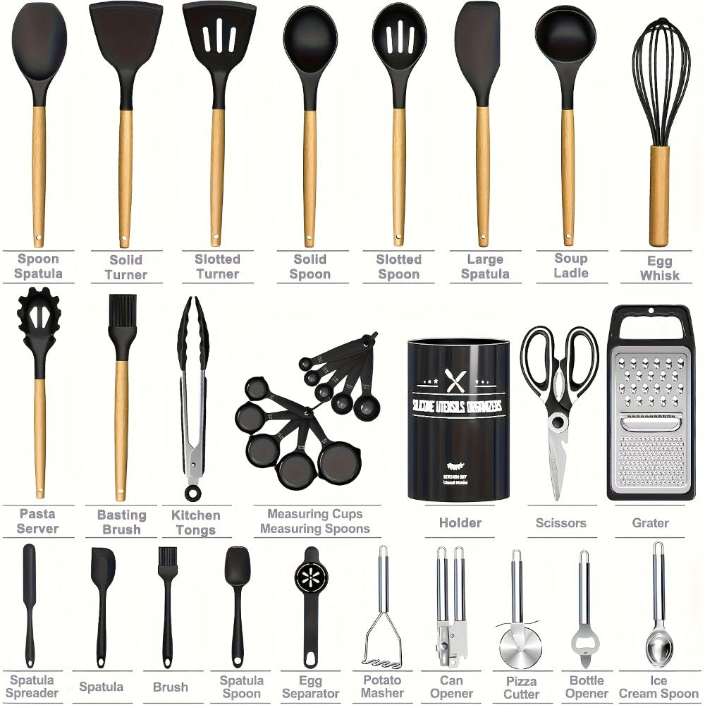 Silicone Kitchen Utensils Set 45pcs, Cooking Utensils for Nonstick Cookware, Stainless Steel Handle Spatulas