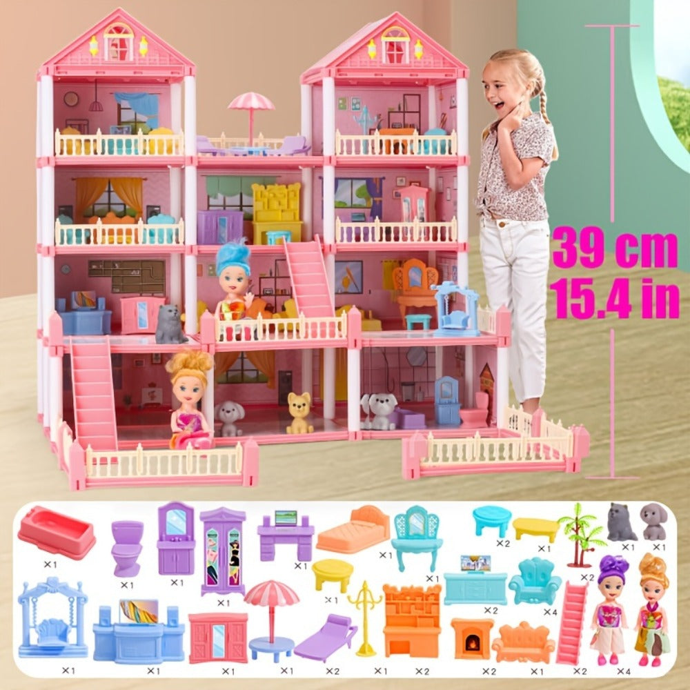 Princess Doll House Castle with Furniture & Accessories, Pink or Blue Mini Villa Playset 14 to 27 Rooms