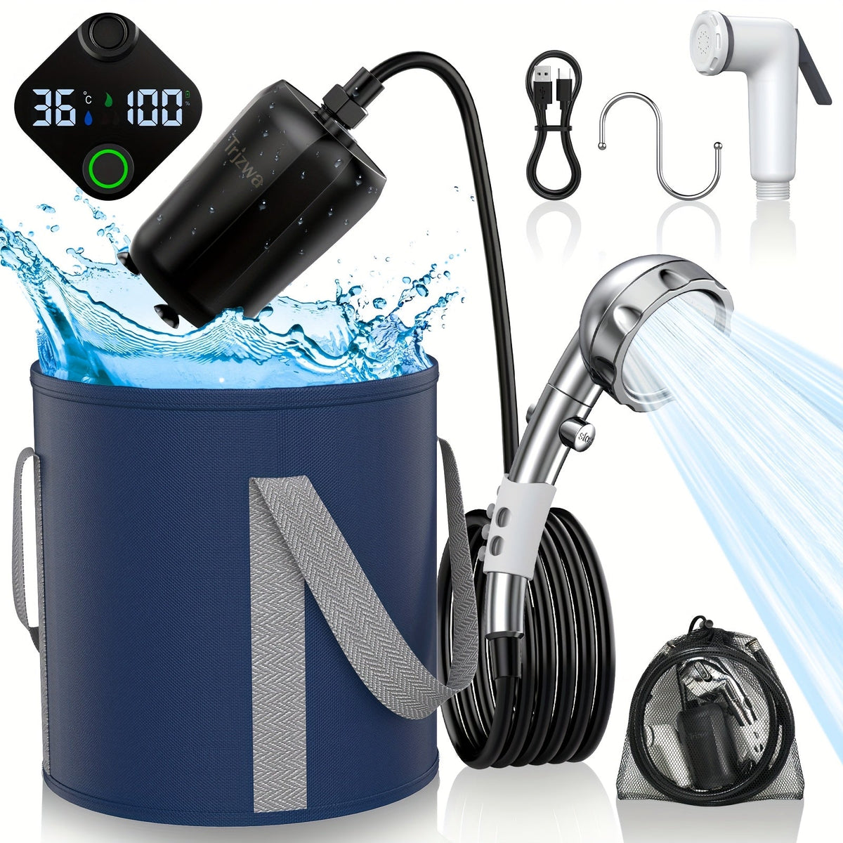 Portable Camping Shower with 9000mAh Battery – Smart Digital Display, Foldable Bucket Included, Compact Lightweight Outdoor Shower Pump