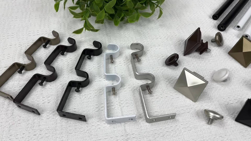 Double Curtain Rod Set with Square Urn Finials, Dual Brackets and Five Finish Options for Layered Panels