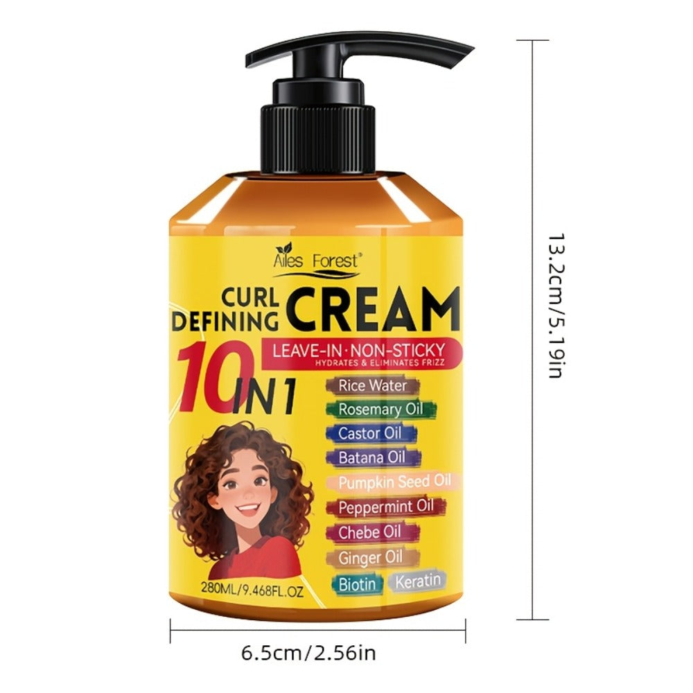 10-in-1 Curl Styling Cream in a 280ml Pump Bottle with Rice Water, Biotin and Named Oils Listed on Label