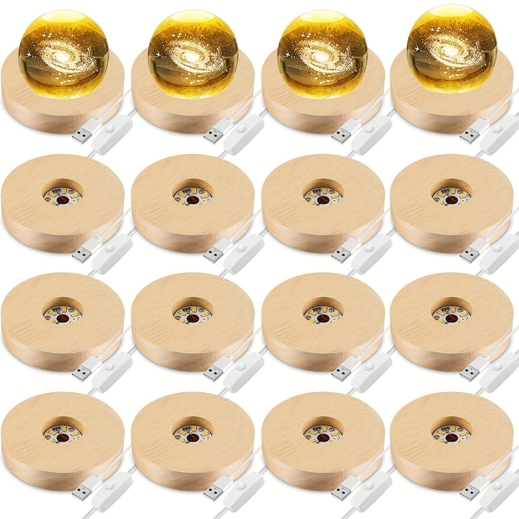 LED Light Base Wooden Display Stand 16 Pack USB Powered White Light Base for 3D Crystal for Parties, Celebrations and Guest Favors
