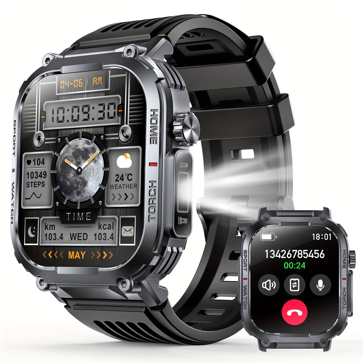Smartwatch for Men 2.02 Inch with LED Flashlight, Wireless Calling and Activity Tracking for Outdoor Use