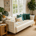 Sofa Cover, One-Piece Chenille Bohemian Pattern Couch Pad in White or Green for Two to Four Seats