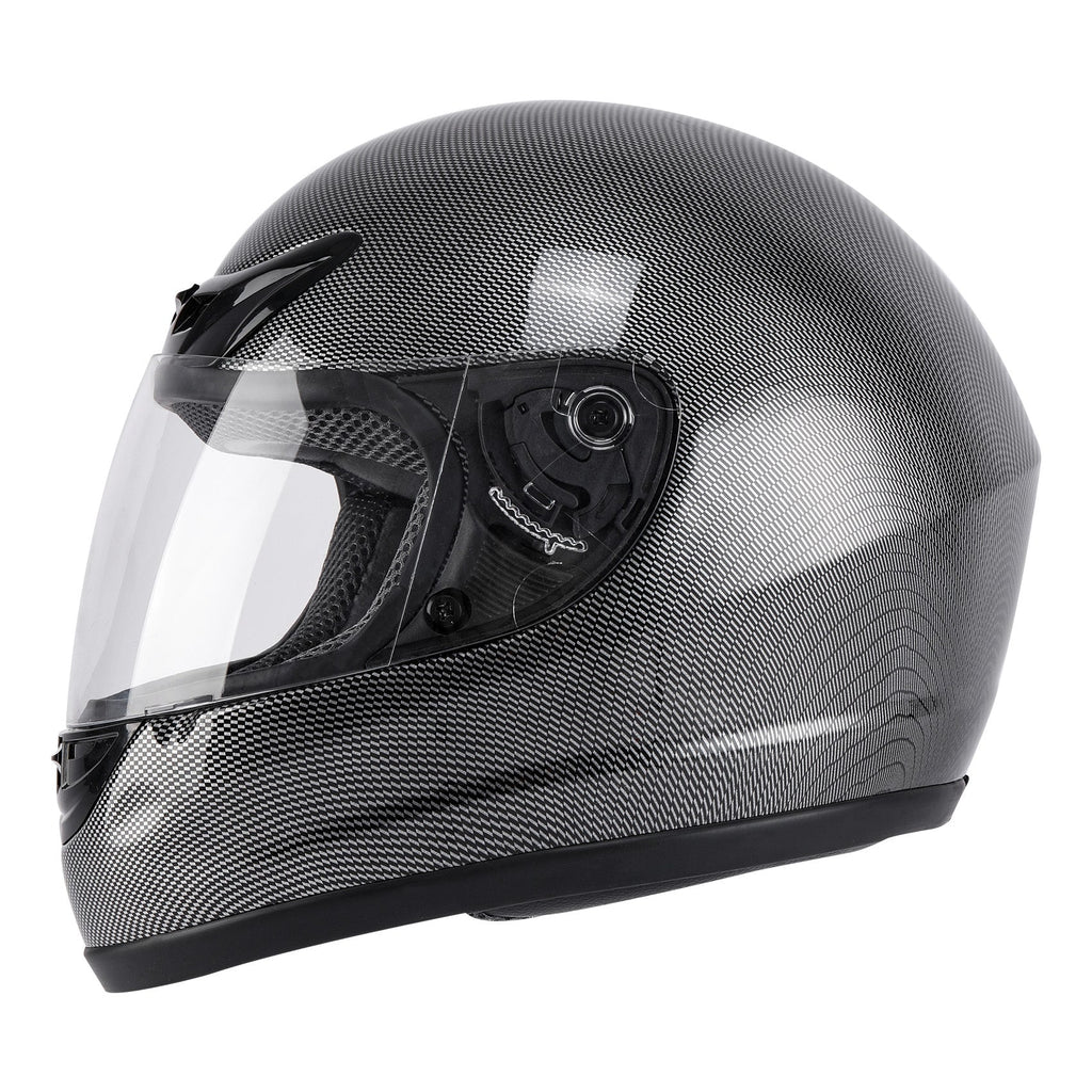 Motorcycle Helmet TCMT Full-Face Black Shell with Clear Shield, S-XL Size Chart, Interior Padding and Rear Vents