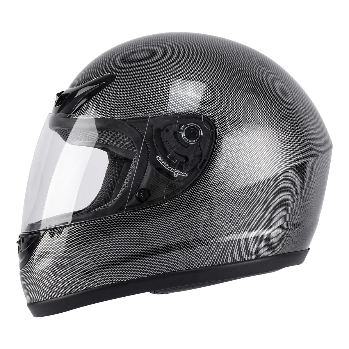Motorcycle Helmet TCMT Full-Face Black Shell with Clear Shield, S-XL Size Chart, Interior Padding and Rear Vents