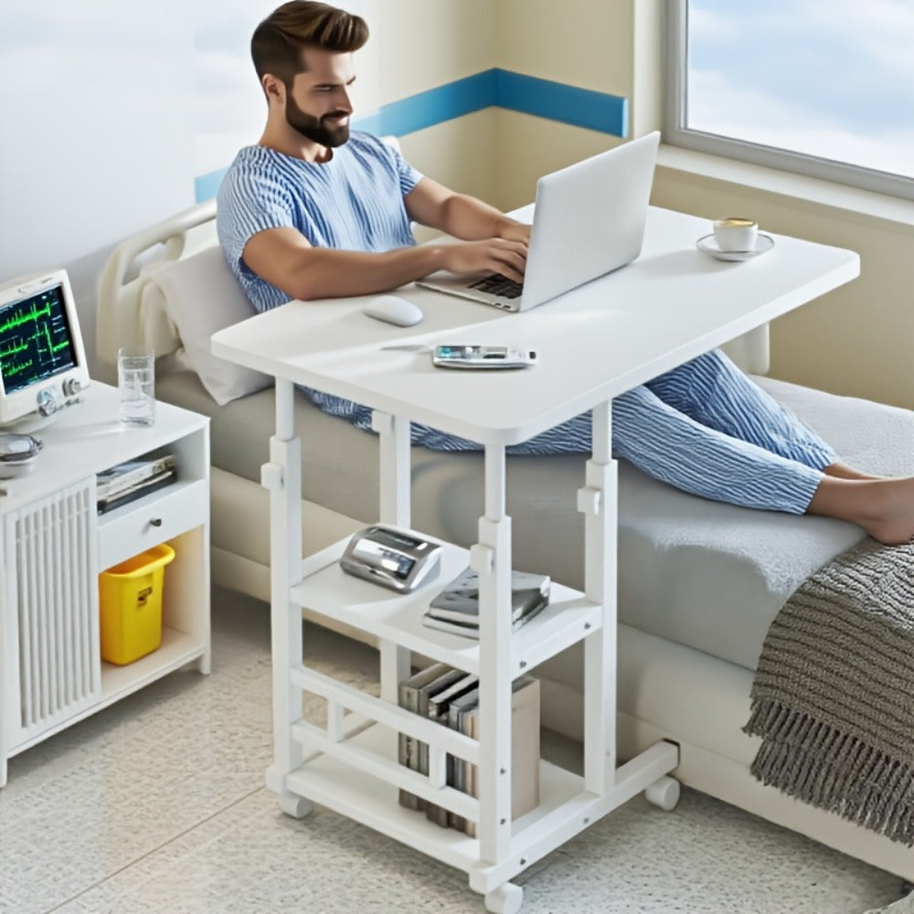 Adjustable Overbed Table with Rolling Shelf Frame and Six Color Checkout Options from Burlap to Deep Glacier