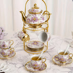 20-Piece Floral Ceramic Tea Set with Saucers & Metal Stand, European Afternoon Tea Service, Blooming Design