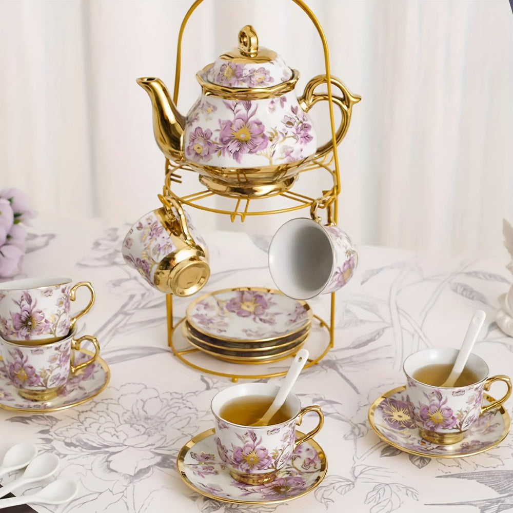 20-Piece Floral Ceramic Tea Set with Saucers & Metal Stand, European Afternoon Tea Service, Blooming Design