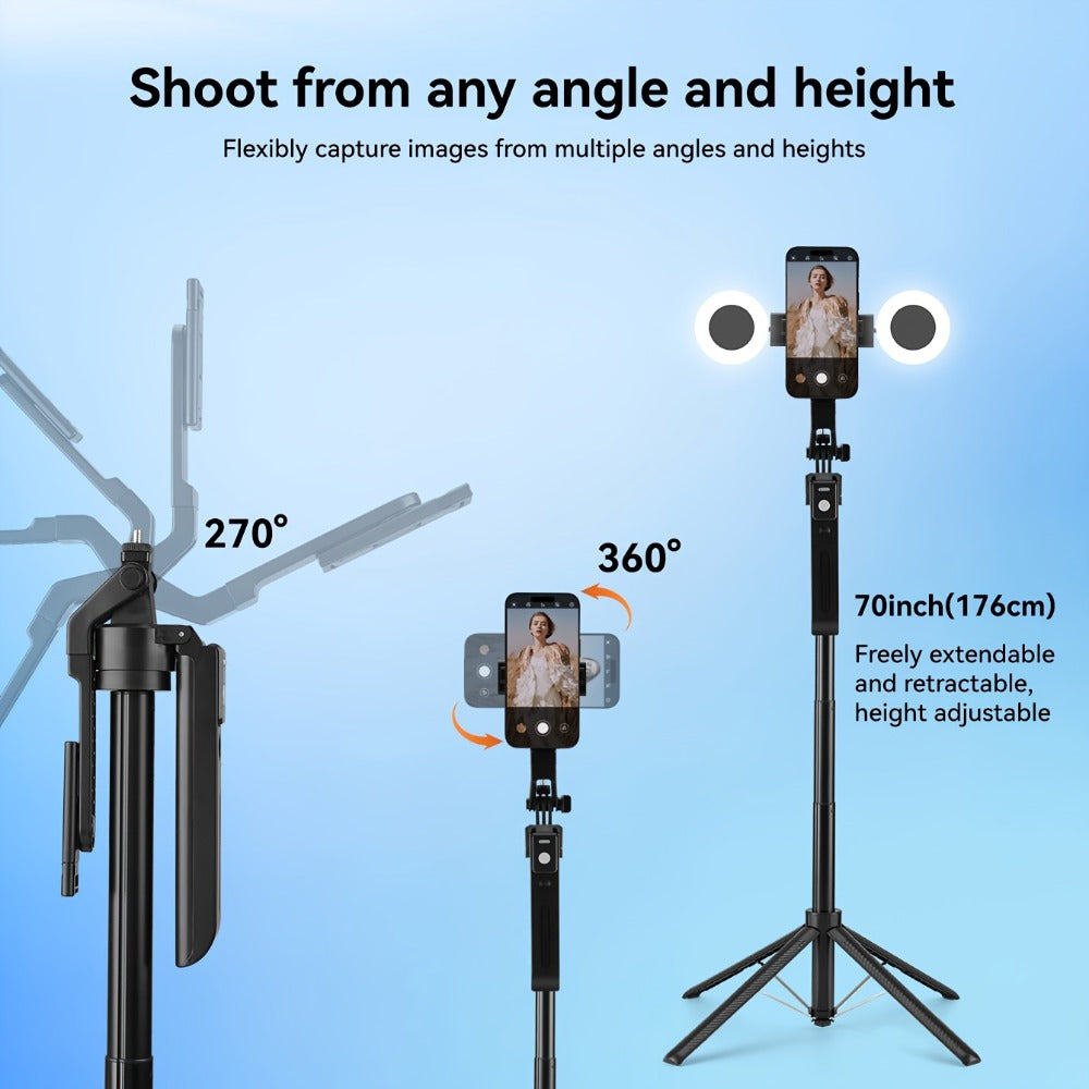 70-Inch Black Tracking Selfie Stick Tripod with Round Fill Light, Floor Base, Remote and Three Light Settings