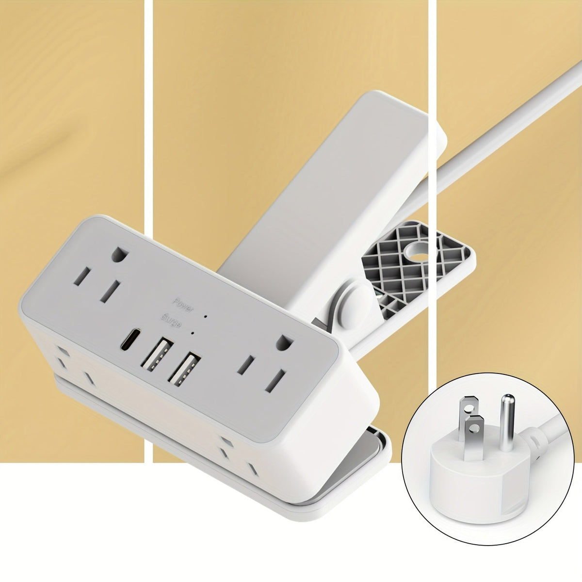 Power Strip Clamp-On Desk Edge Station with USB-A Ports, 6-Foot Cord, 1250W Output and 120V US Plug