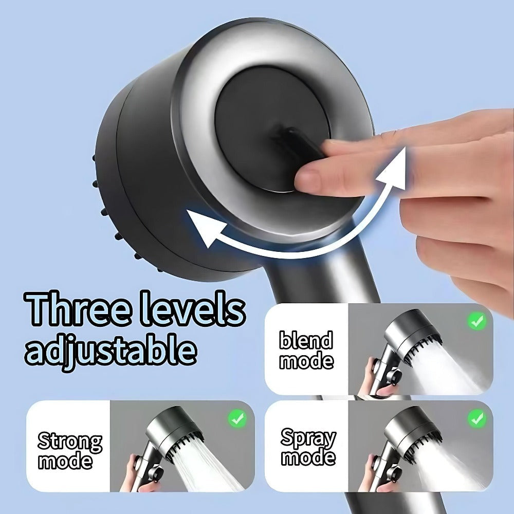 Handheld Shower Head with Rotating Spray Selector, On-Off Button, Hose, Five Cartridges and Two Bracket Options