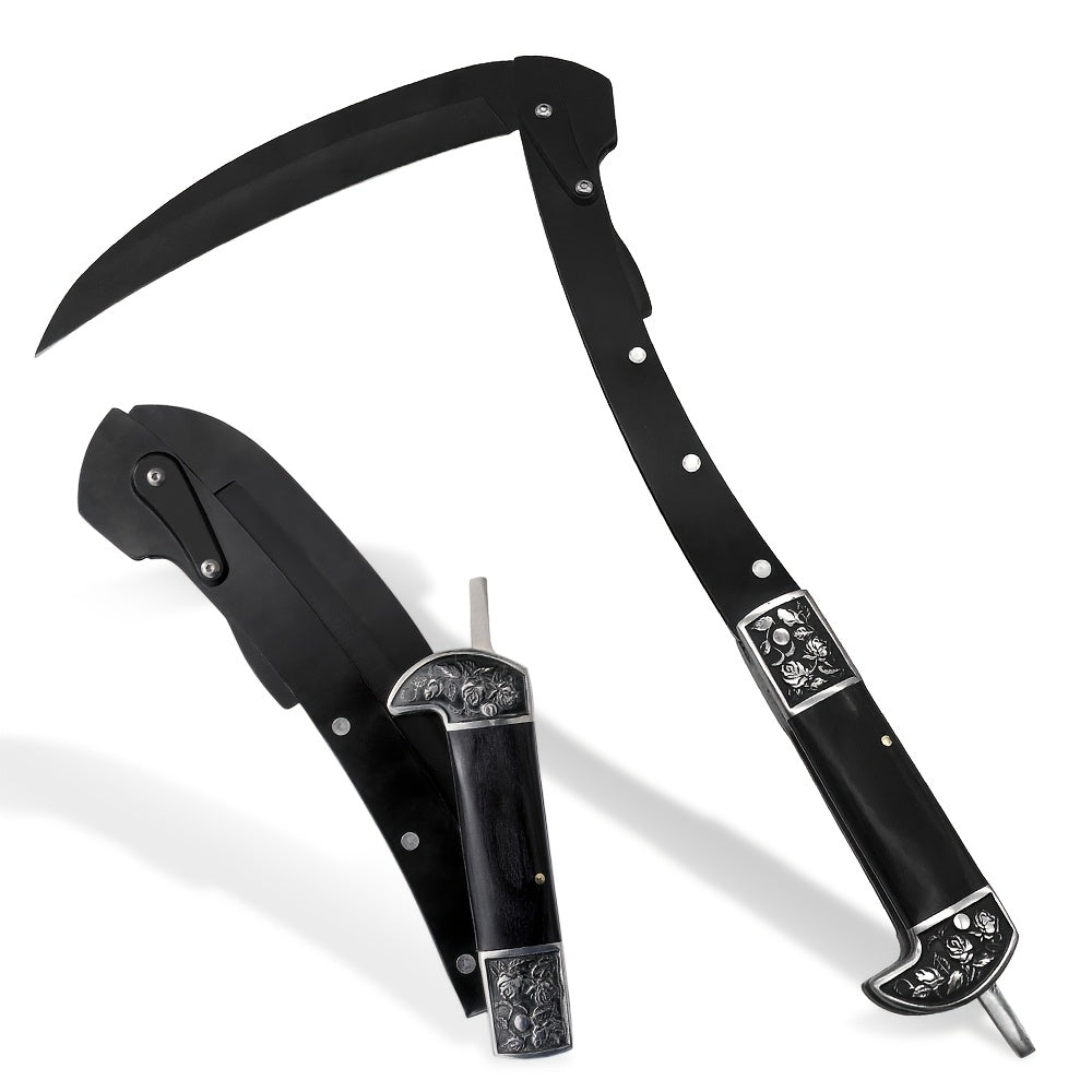 Folding Sickle Stainless Steel Flat Edge Blade with Black Wood Handle & Double Bolsters for Garden, Patio and Yard Use