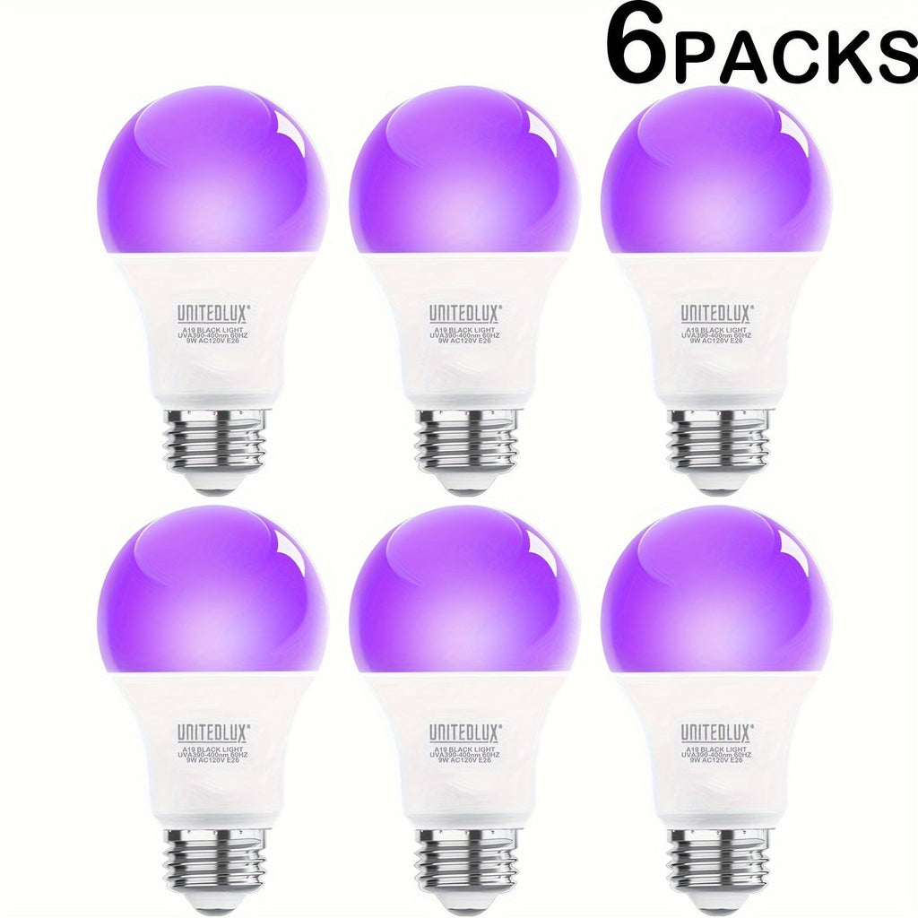 Black Light Bulbs 6 Pack A19 E26 LED UV Bulbs 9W 60W Equivalent 390-400nm UVA Glow in the Dark for Home, Desk and Accent Lighting