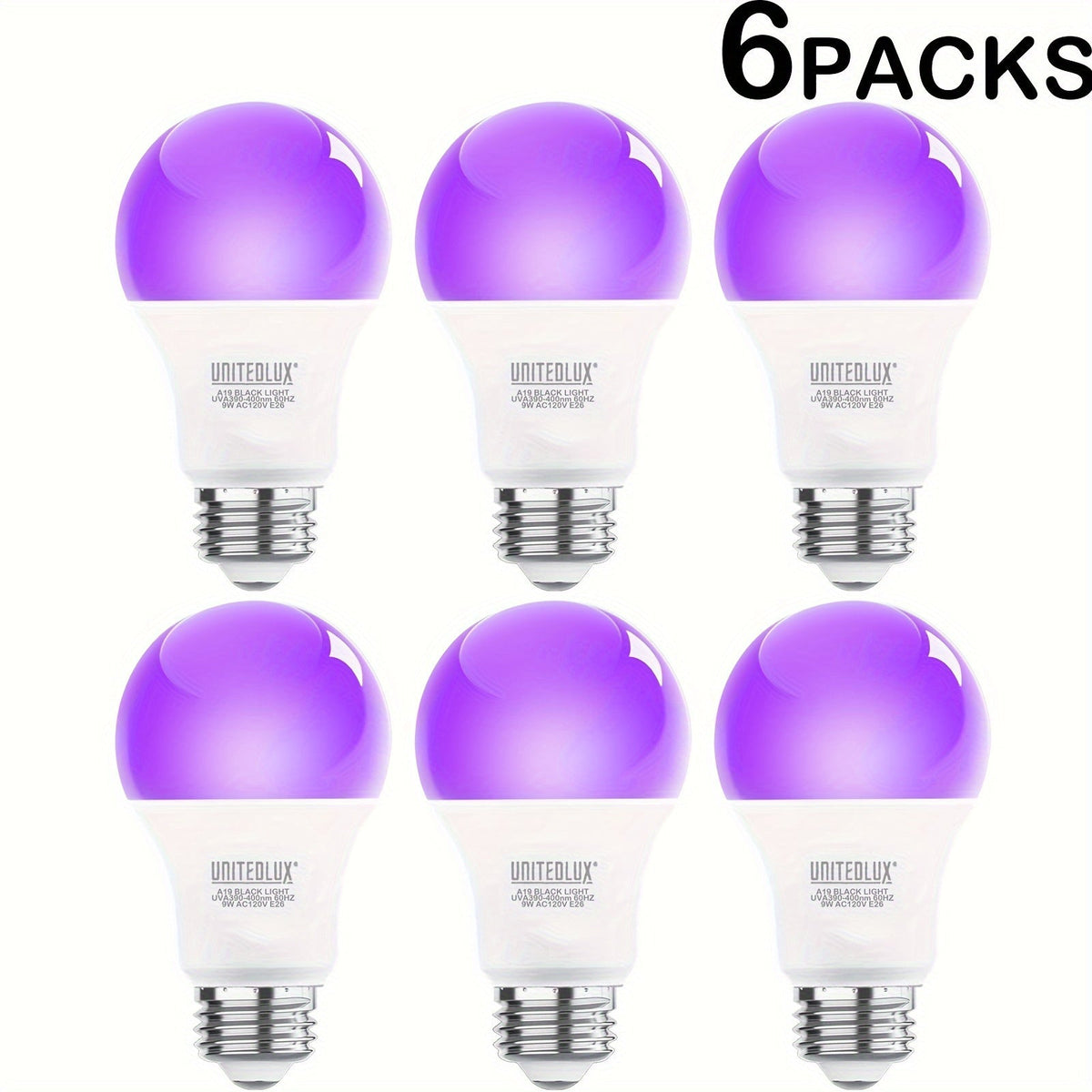 Black Light Bulbs 6 Pack A19 E26 LED UV Bulbs 9W 60W Equivalent 390-400nm UVA Glow in the Dark for Home, Desk and Accent Lighting