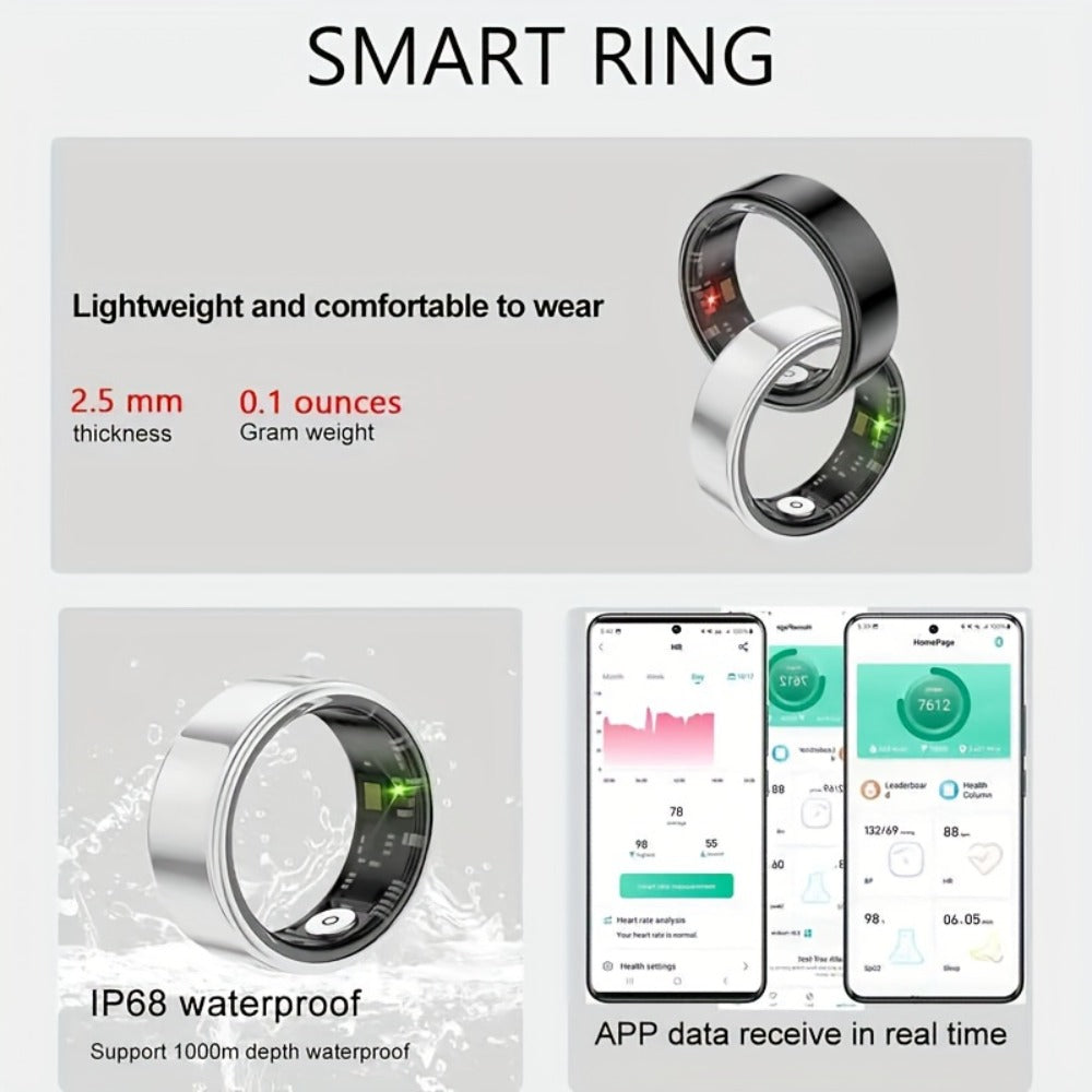 Smart Ring Fitness Tracker with Charging Case – Sleep Tracker Step Counter Distance Monitor for Women & Men | Sizes 7-13 | Black Silver Gold